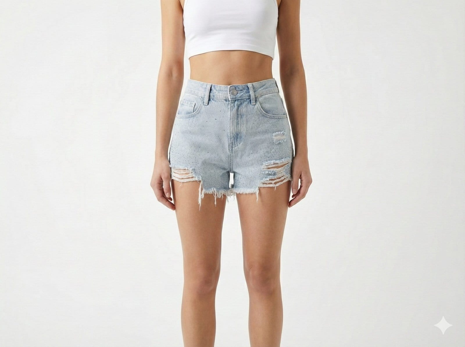 High-Rise Rhinestone Distressed Denim  Sky Blue Shorts