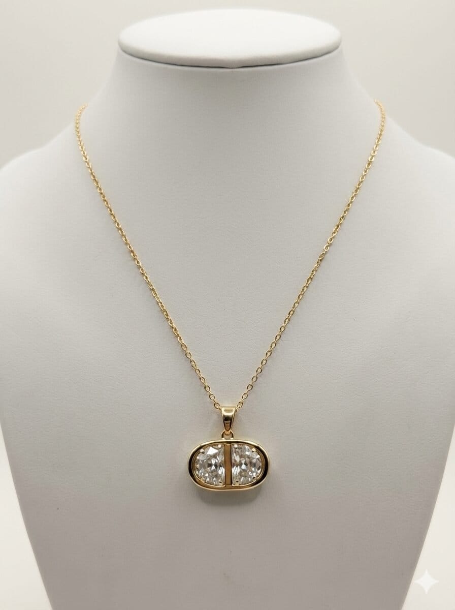 Gold-Tone Oval Pendant Necklace with Dual Faceted Clear Crystals