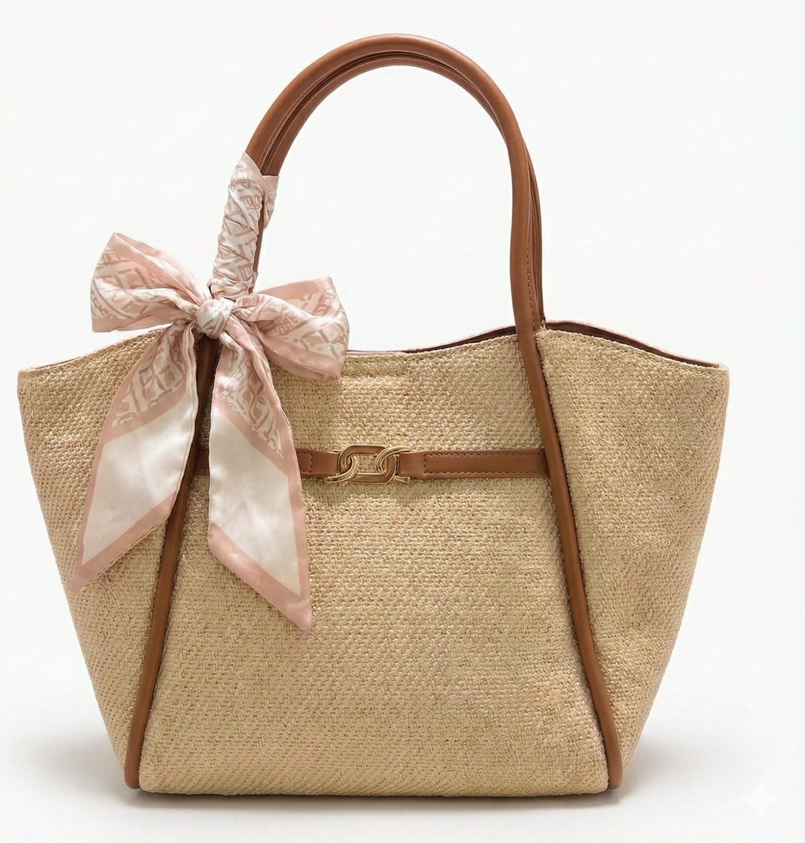 Midnight Woven Texture Tote with Leopard Scarf Accent Natural Beige