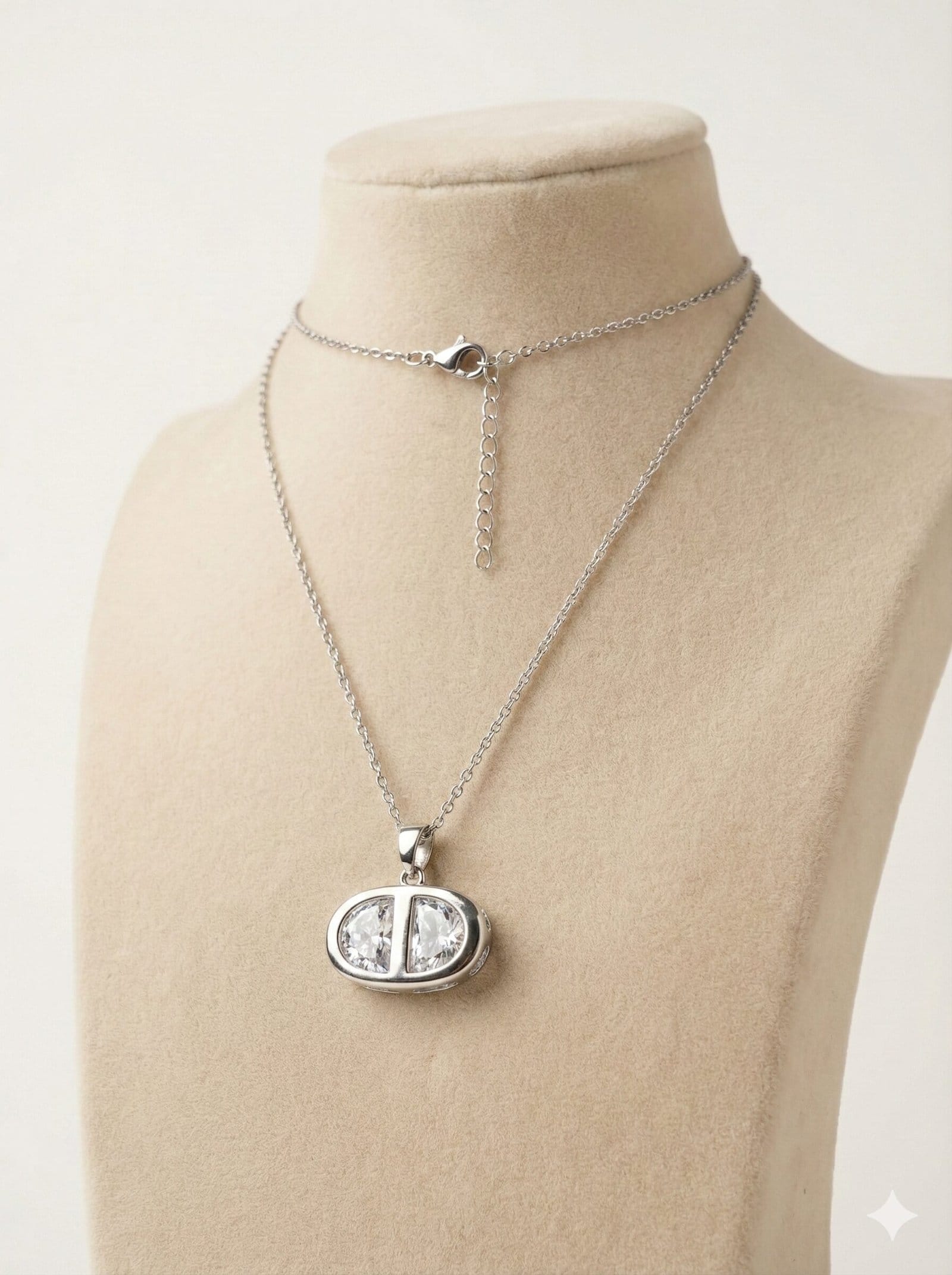 Silver-Tone Split Oval Pendant Necklace with Faceted Clear Stones