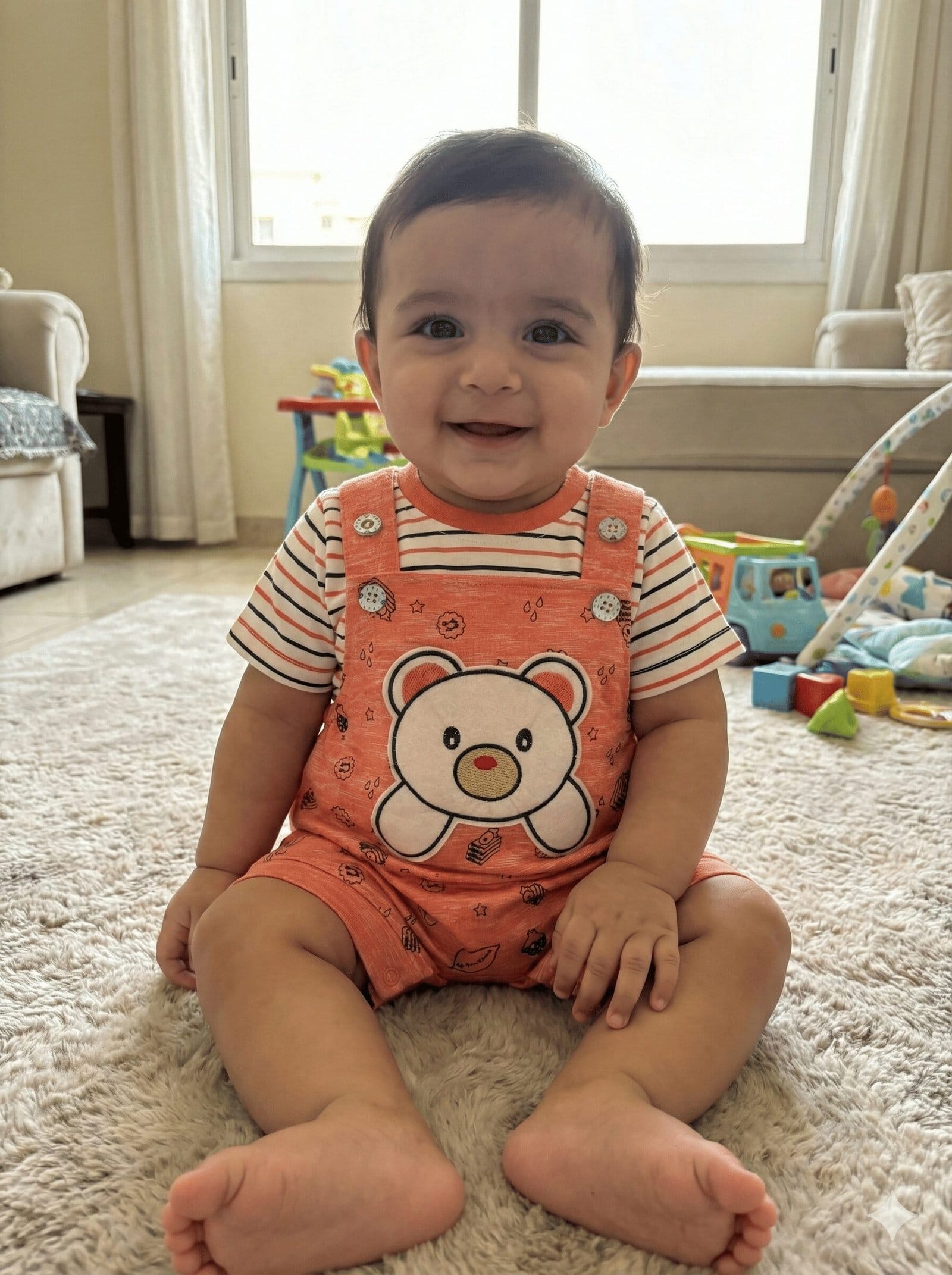 SPICE KIDS BABY Peach Doodle Bear Shortalls & Striped Set