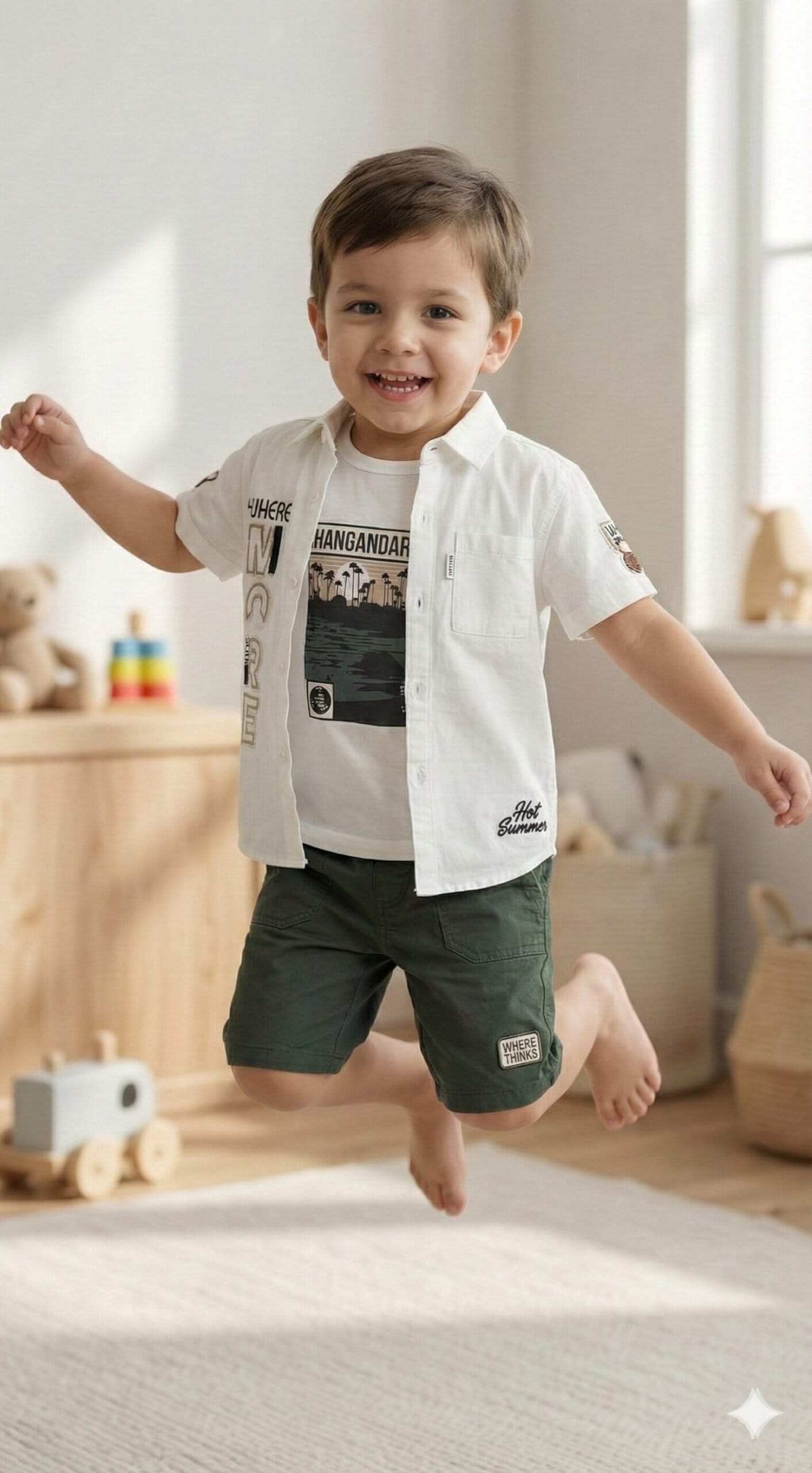 The 'Summer Explorer' Graphic 3-Piece Set – White & Olive