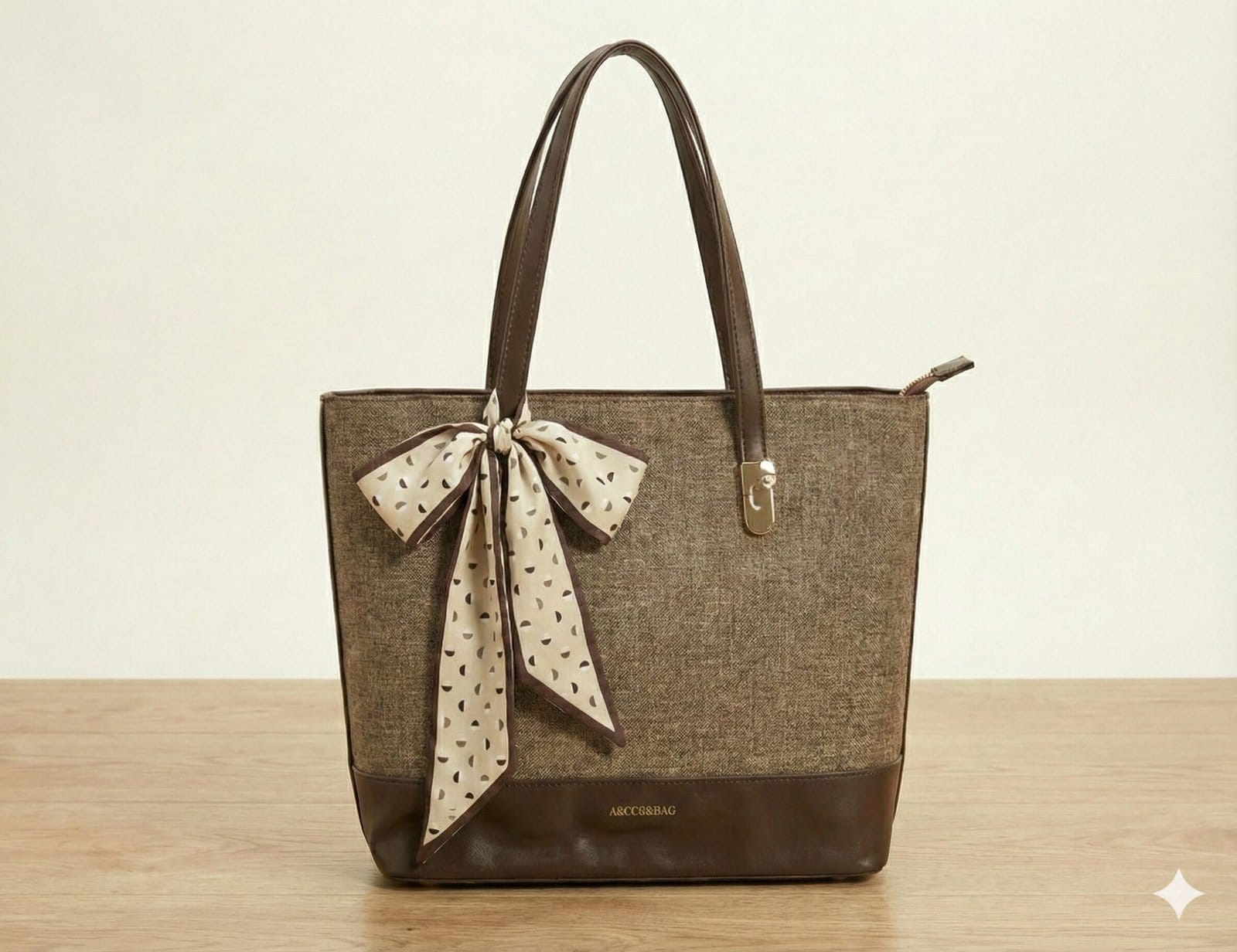 The Scarf-Accented Woven Tote – Coffee Brown