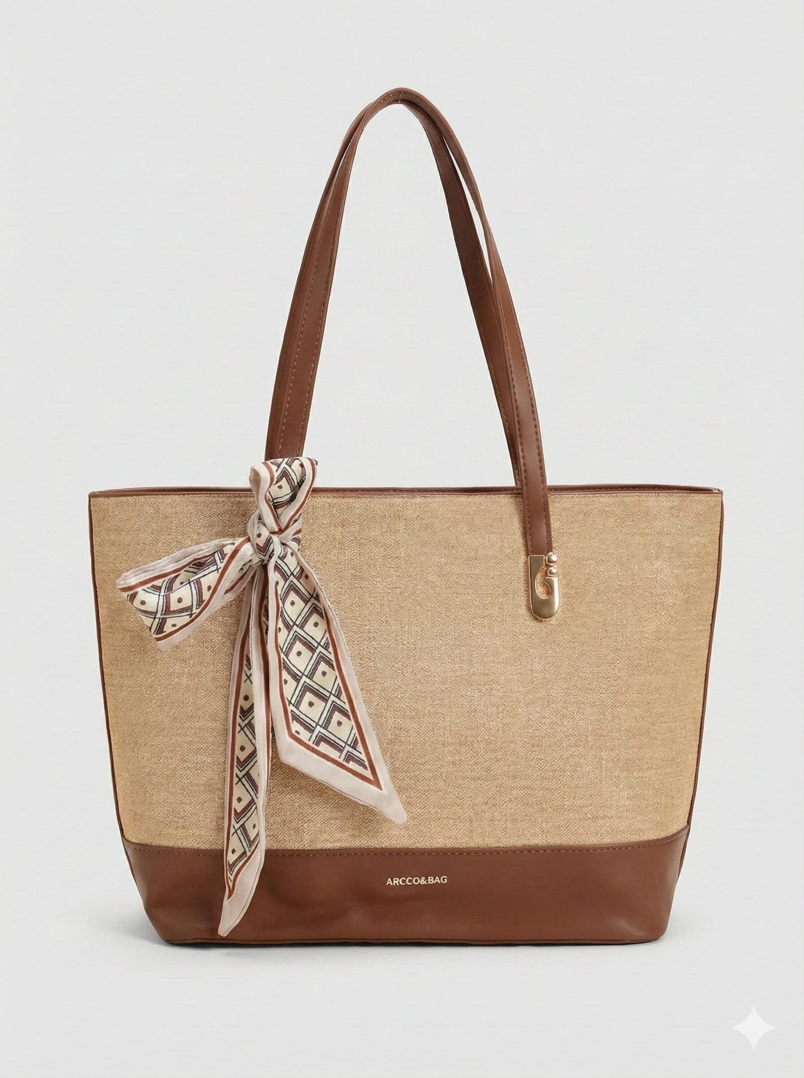 The Scarf-Accented Woven Tote – Natural & Chestnut