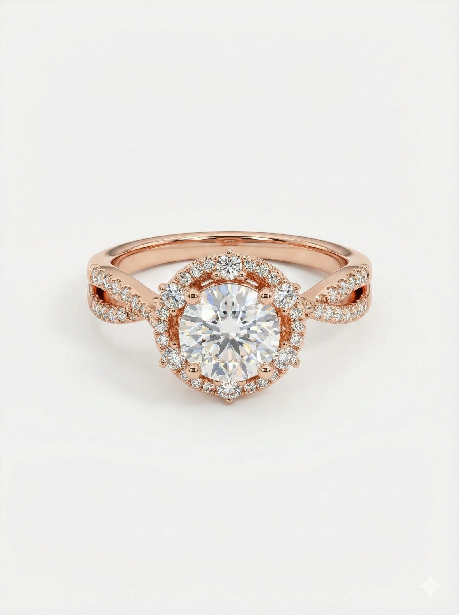 Rose Gold Tone Round Halo Ring with Twisted Split Shank and Pave Accents