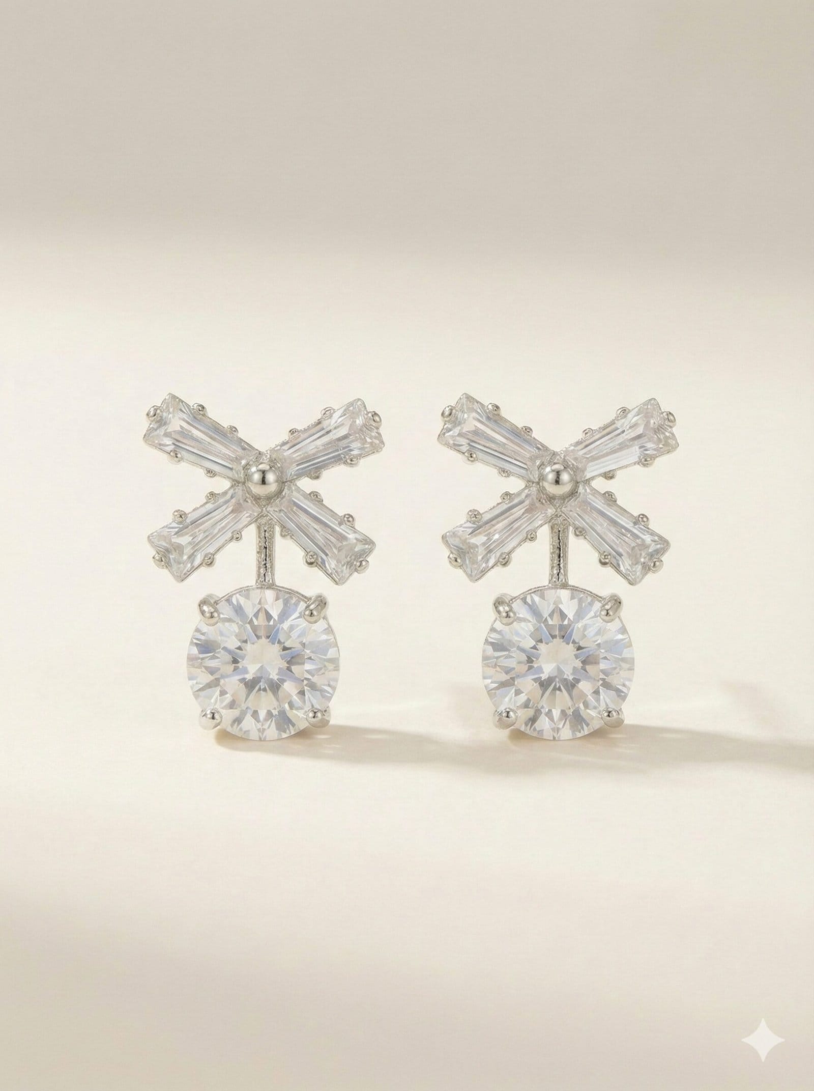 Silver-Tone Crystal Bow and Round Drop Stud Earrings