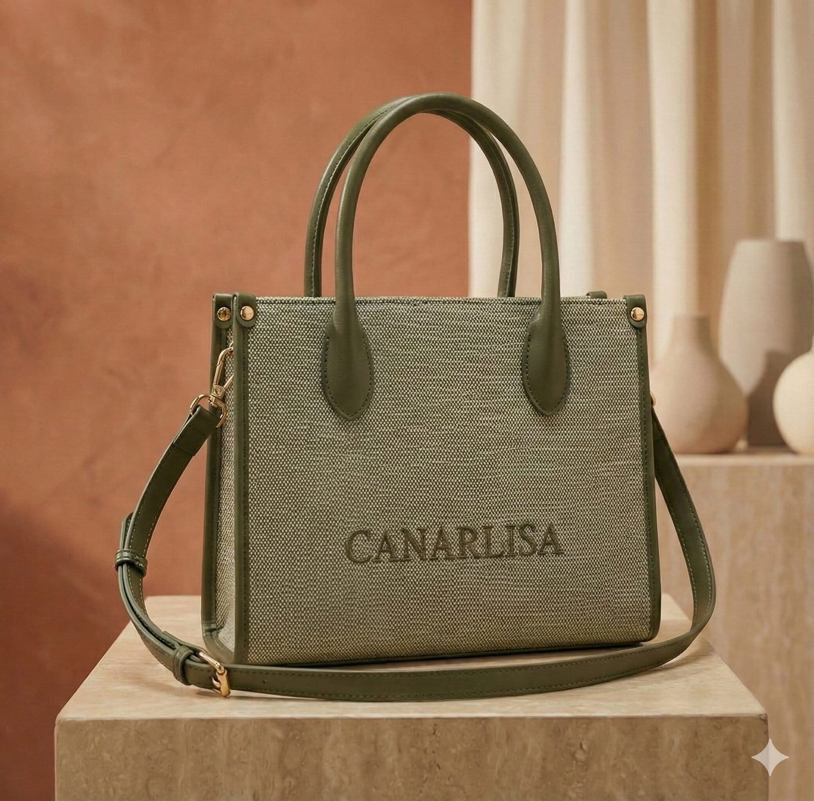 Canarlisa Structured Canvas Tote Bag – Olive Green