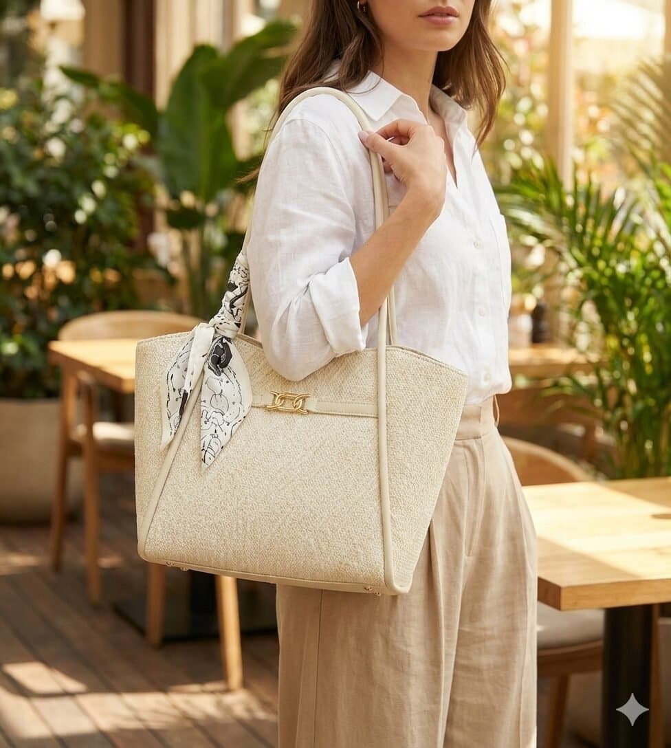Midnight Woven Texture Tote with Leopard Scarf Accent Cream — image 4