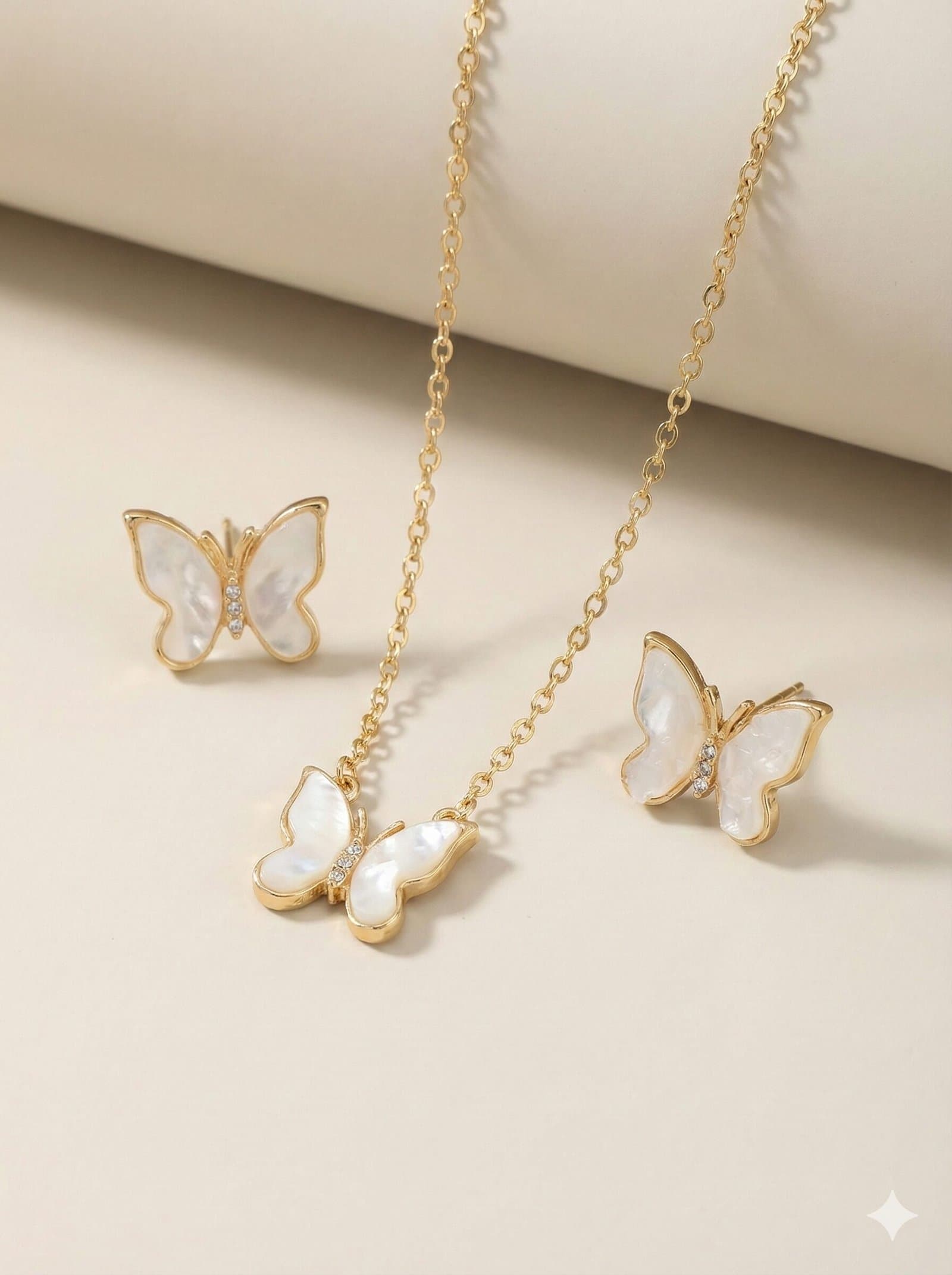 Gold-Tone Butterfly Jewelry Set with White Pearlescent Wings and Crystal Accents – Necklace and Earrings