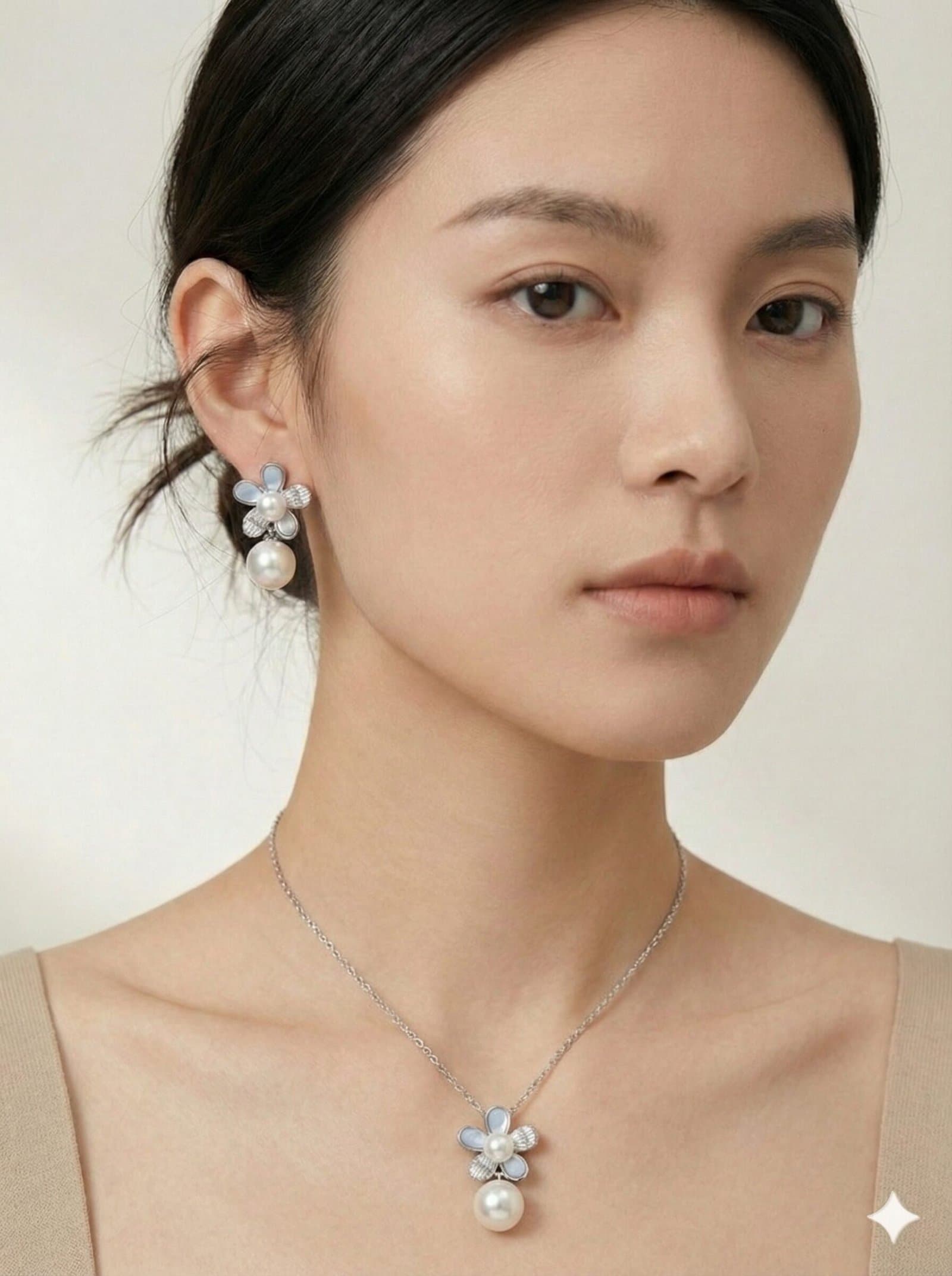 The "Azure Whisper" Floral Pearl Drop Jewelry Set — image 2
