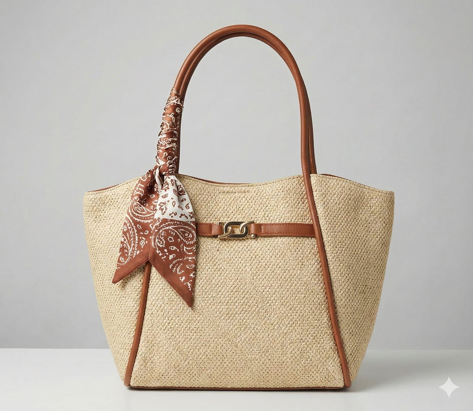 Midnight Woven Texture Tote with Leopard Scarf Accent Tan — image 1