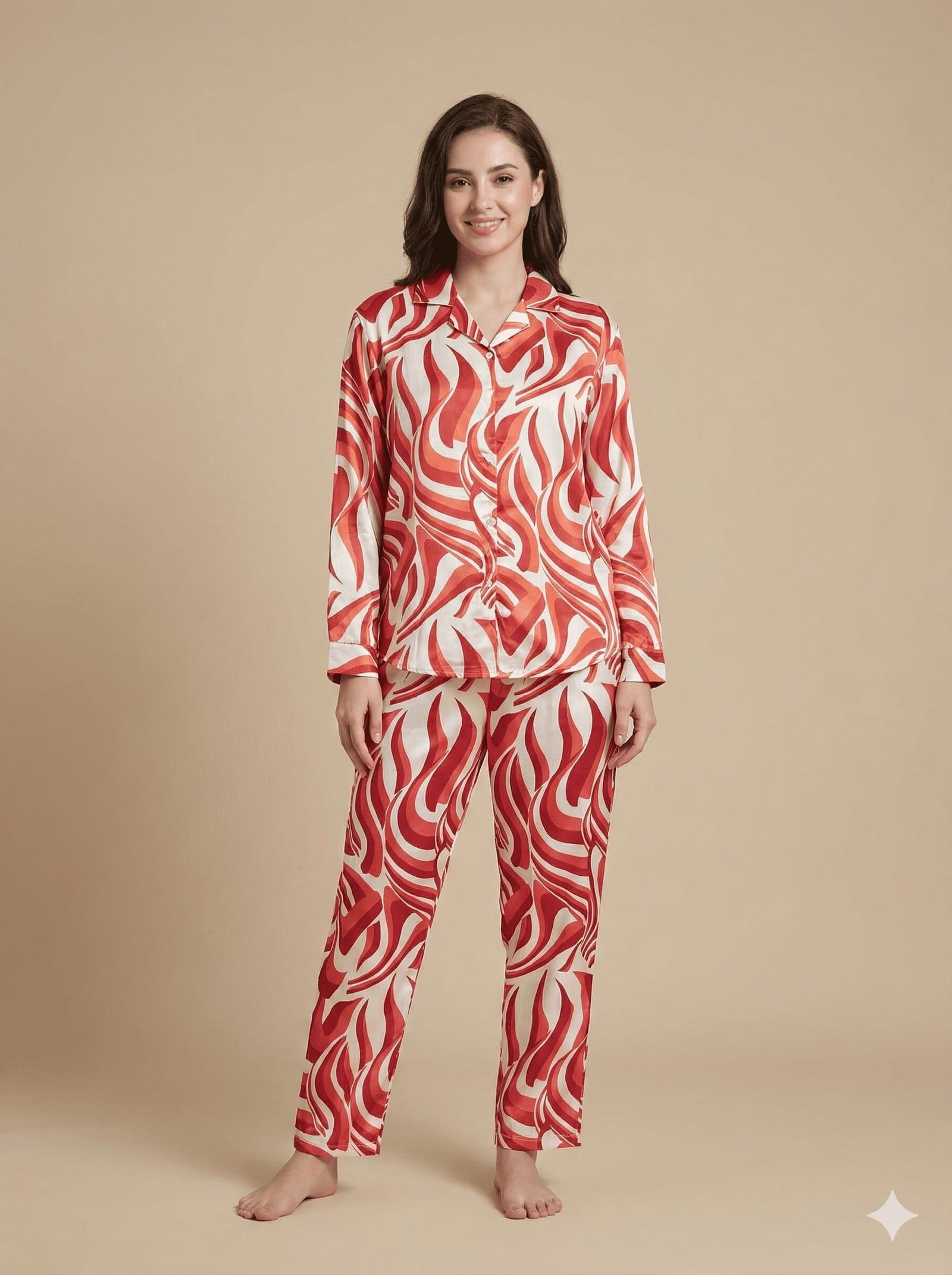 Crimson Ripple Satin Long Pajama Set — image 3