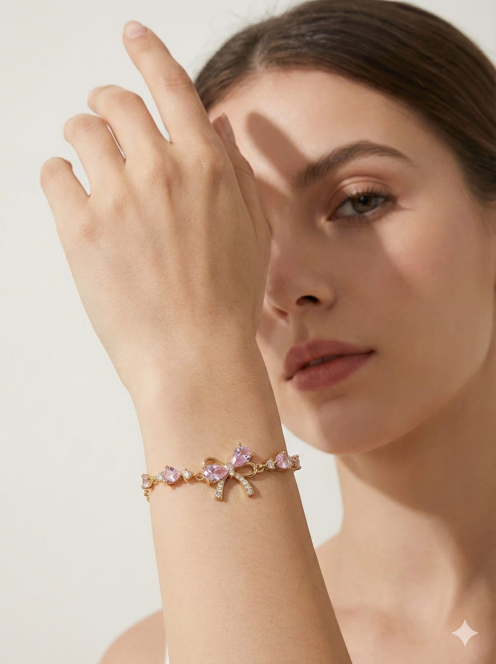 Gold-Tone Adjustable Chain Bracelet with Pink Teardrop Stones and Pave-Style Bow Charm — image 3
