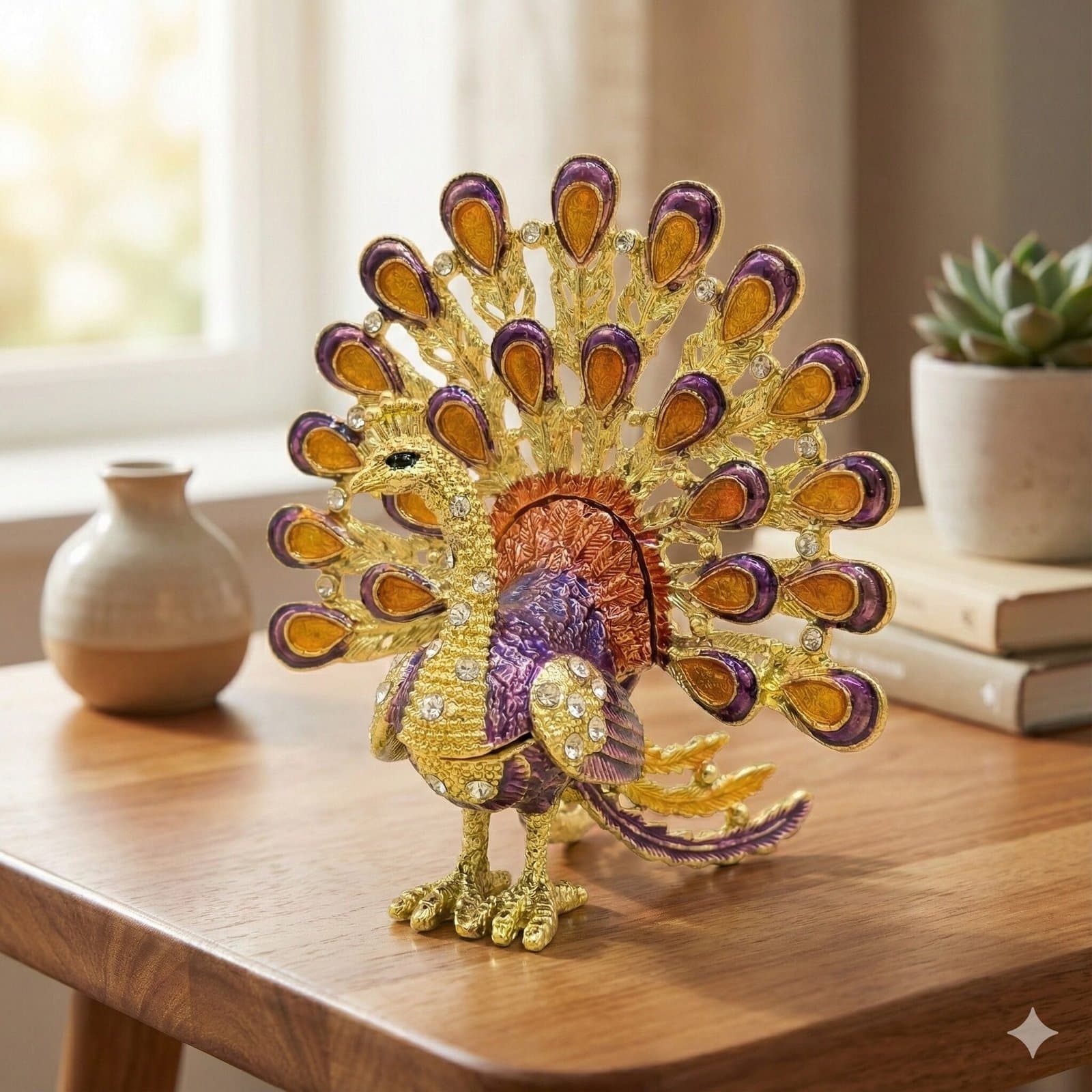 Royal Amethyst & Gold Peacock – Open-Work Trinket Box — image 1