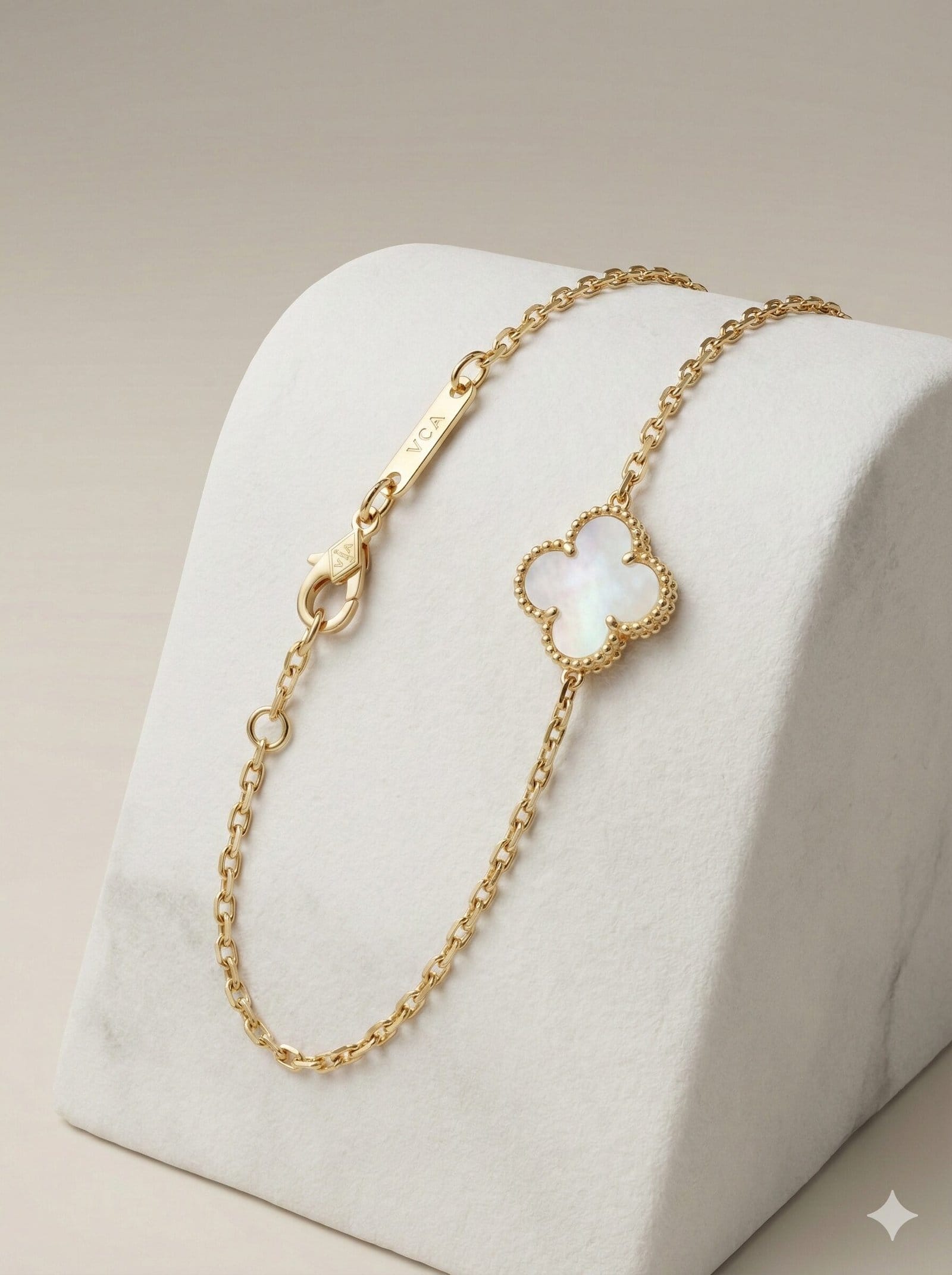 Luxury White Mother of Pearl Clover Bracelet – Gold Tone