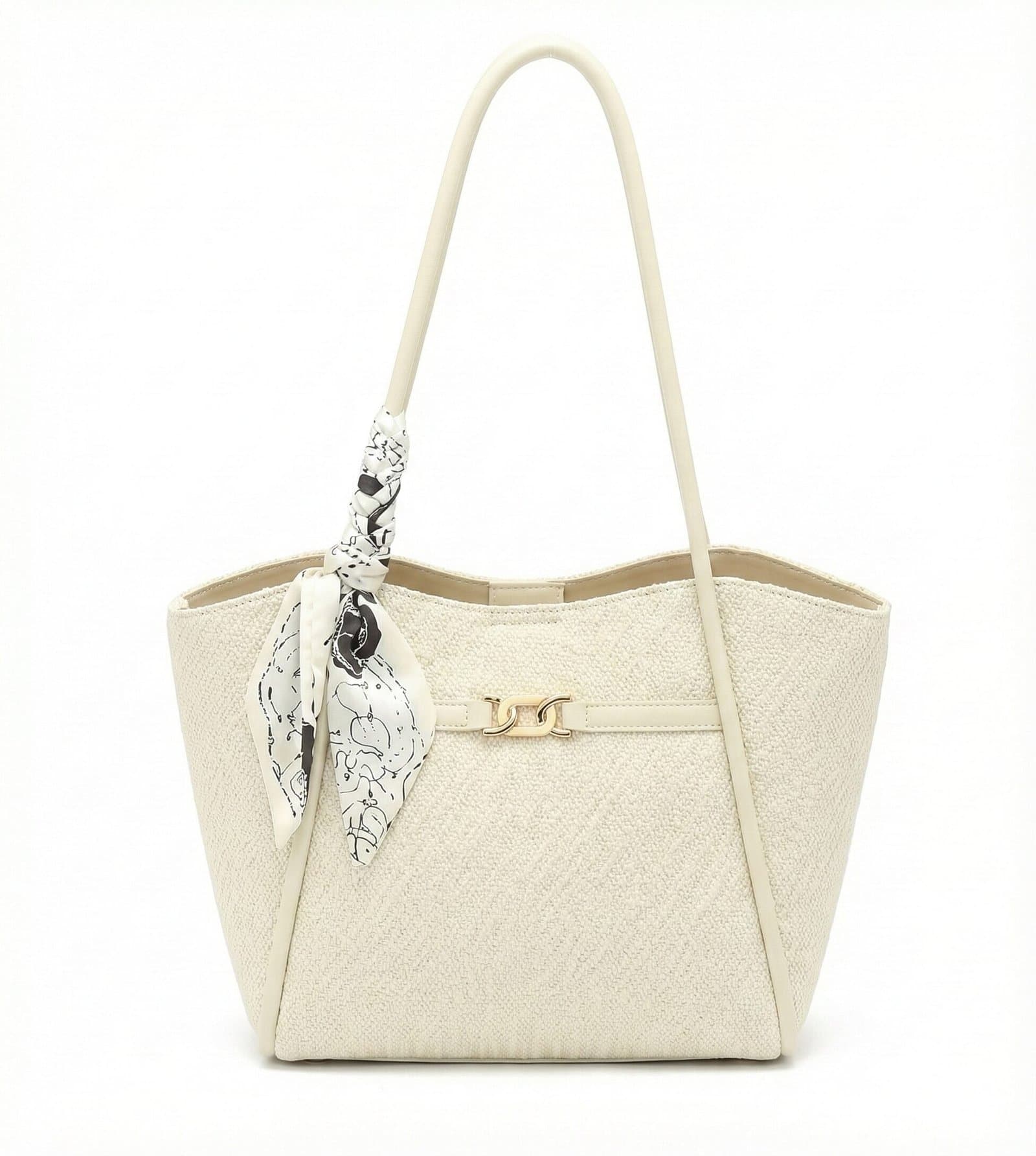 Midnight Woven Texture Tote with Leopard Scarf Accent Cream — image 1