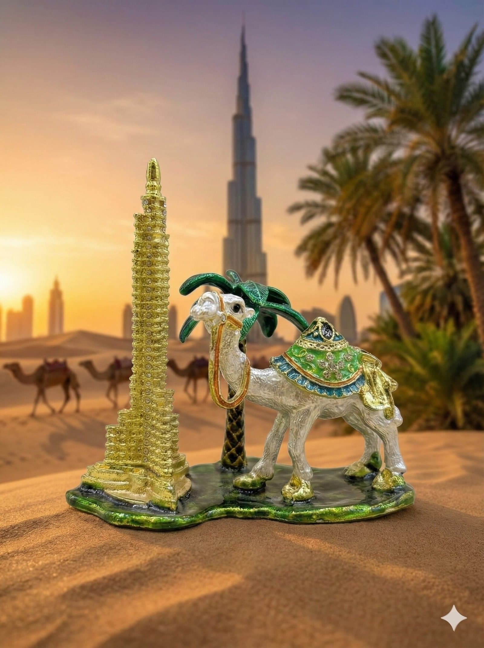 Dubai Icons Jeweled Souvenir – Burj Khalifa, Camel & Palm Trio — image 1