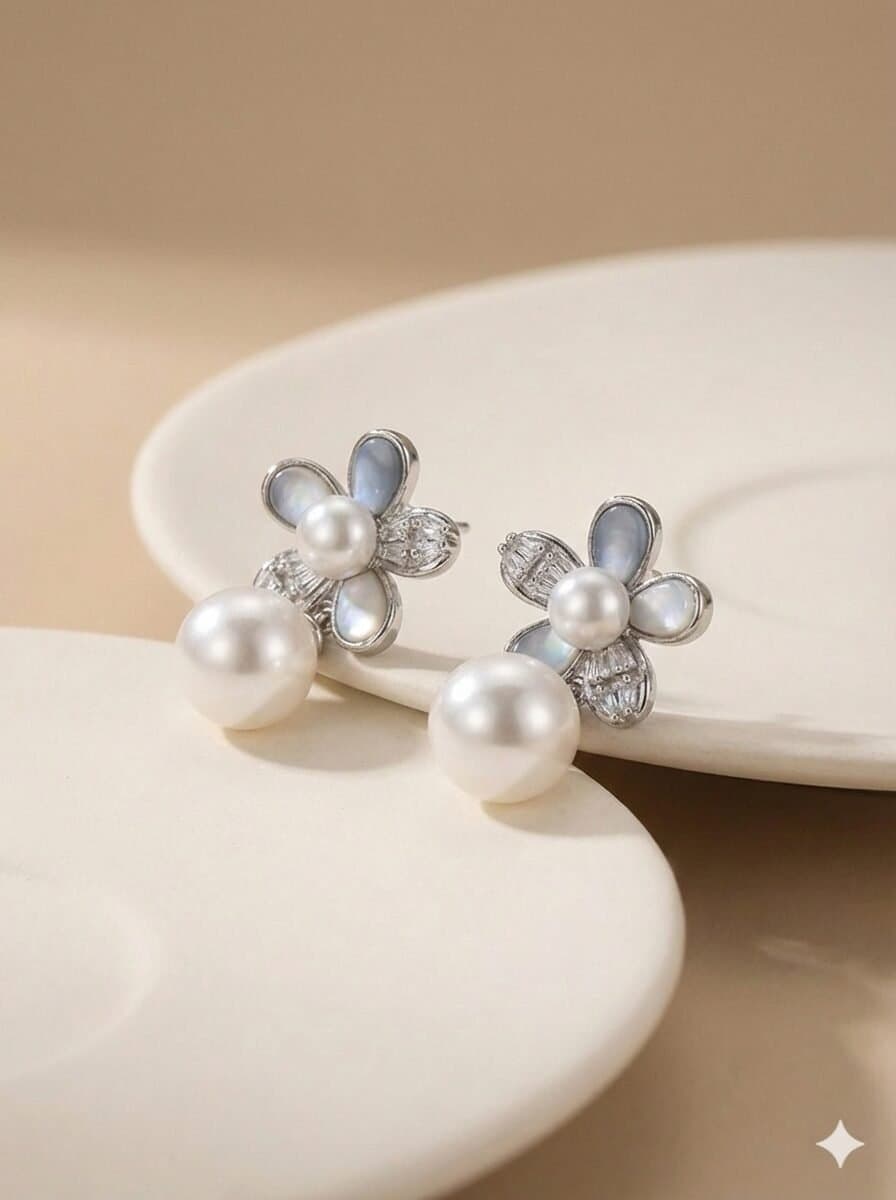 The "Azure Whisper" Floral Pearl Drop Jewelry Set — image 3