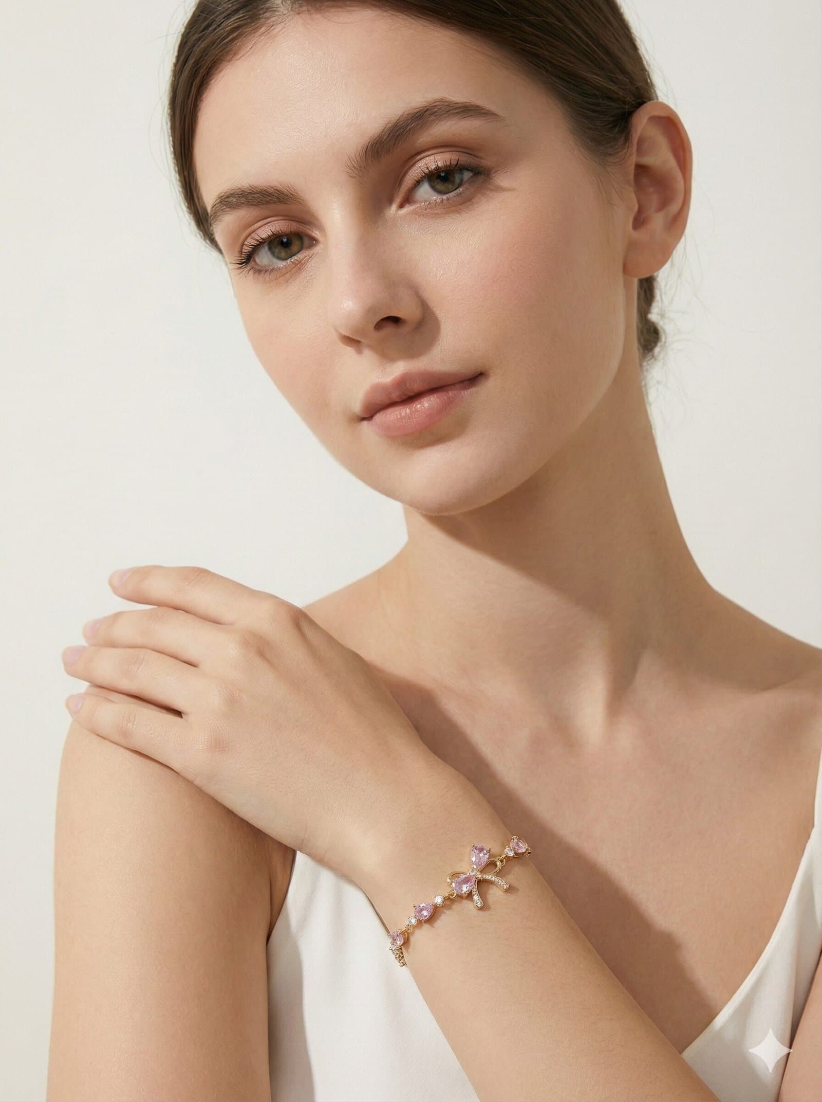 Silver-Tone Delicate Chain Bracelet with Pink Stone Bow Motif and Crystal Accents — image 3