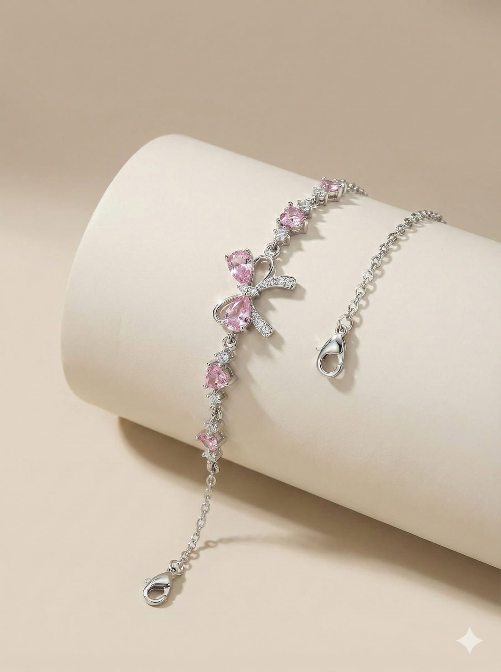 Silver-Tone Delicate Chain Bracelet with Pink Stone Bow Motif and Crystal Accents — image 2