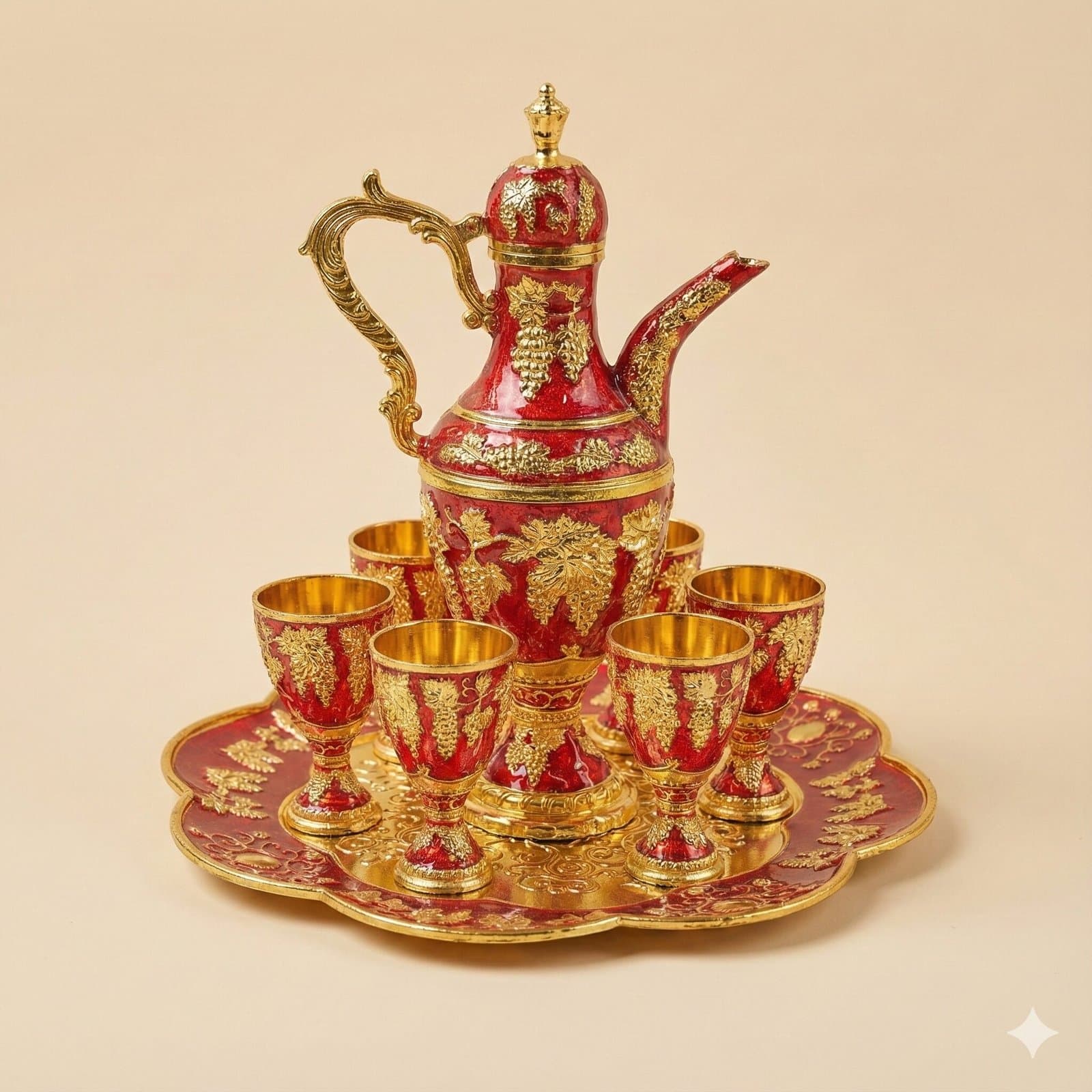 Imperial Red & Grapevine Enameled Decanter Set 8 Piece — image 1