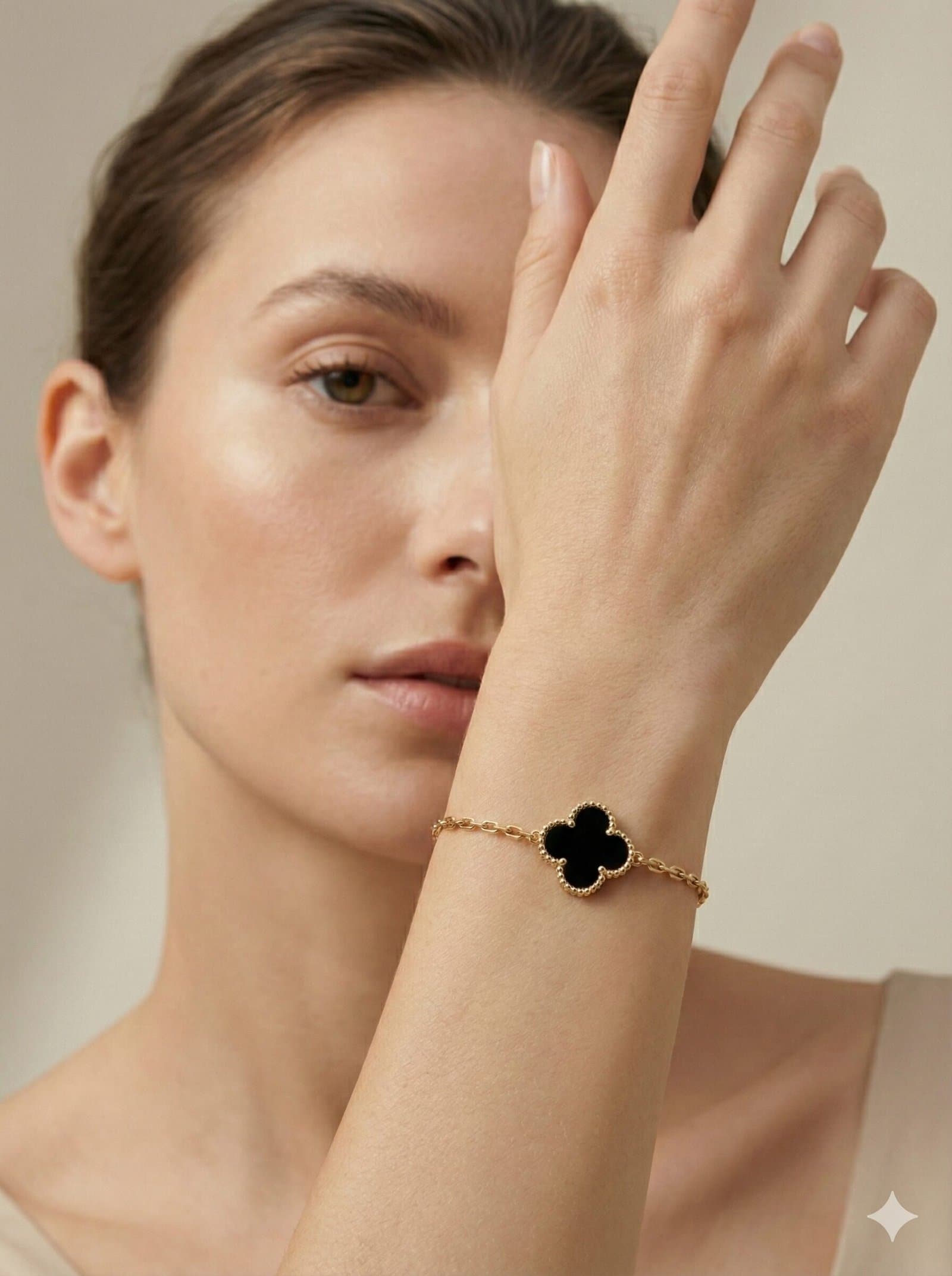 Gold-Tone Chain Bracelet with Single Black Quatrefoil Motif — image 3