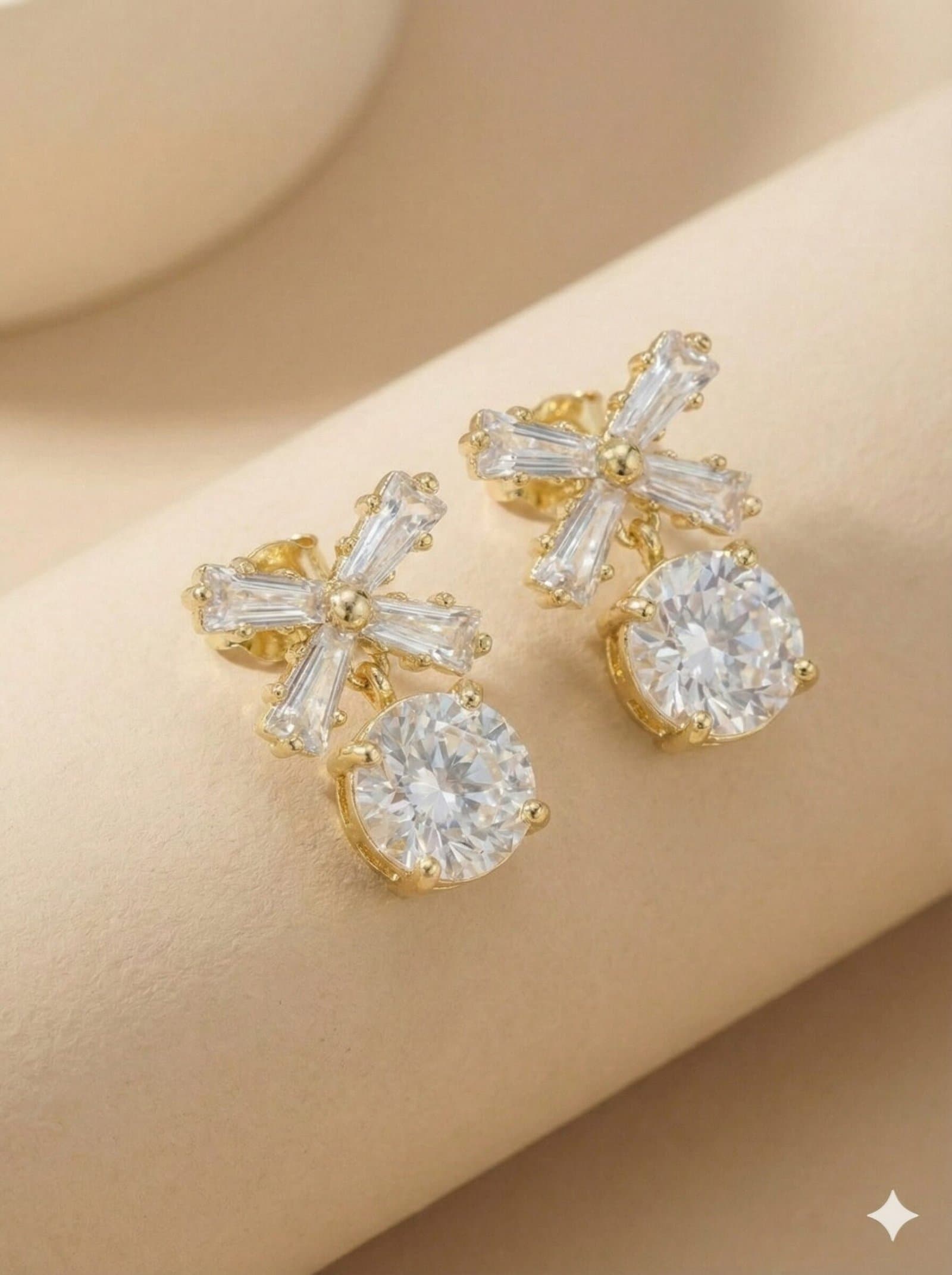 Gold-Tone Crystal Bow & Round Solitaire Drop Stud Earrings — image 2