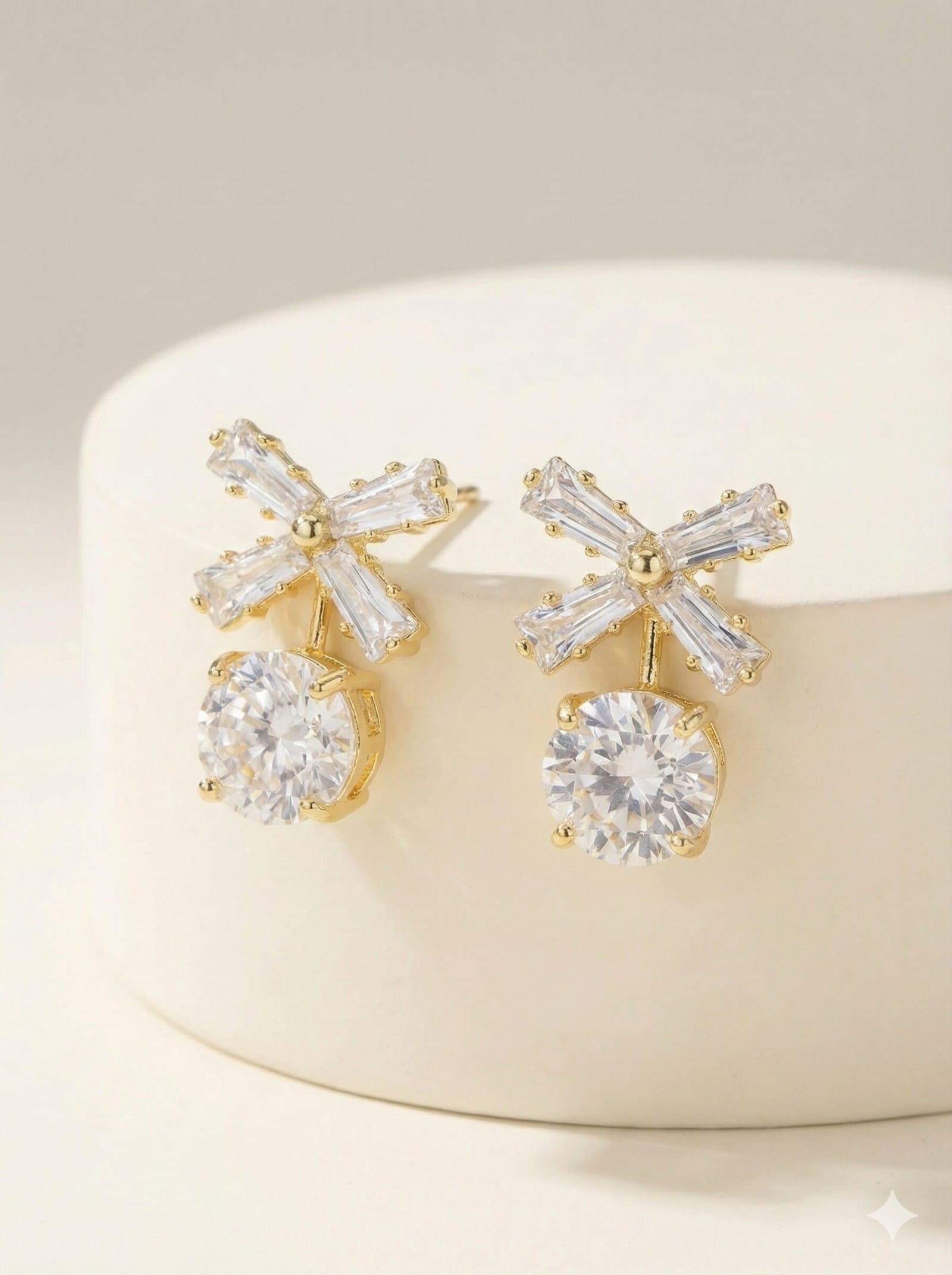 Gold-Tone Crystal Bow & Round Solitaire Drop Stud Earrings