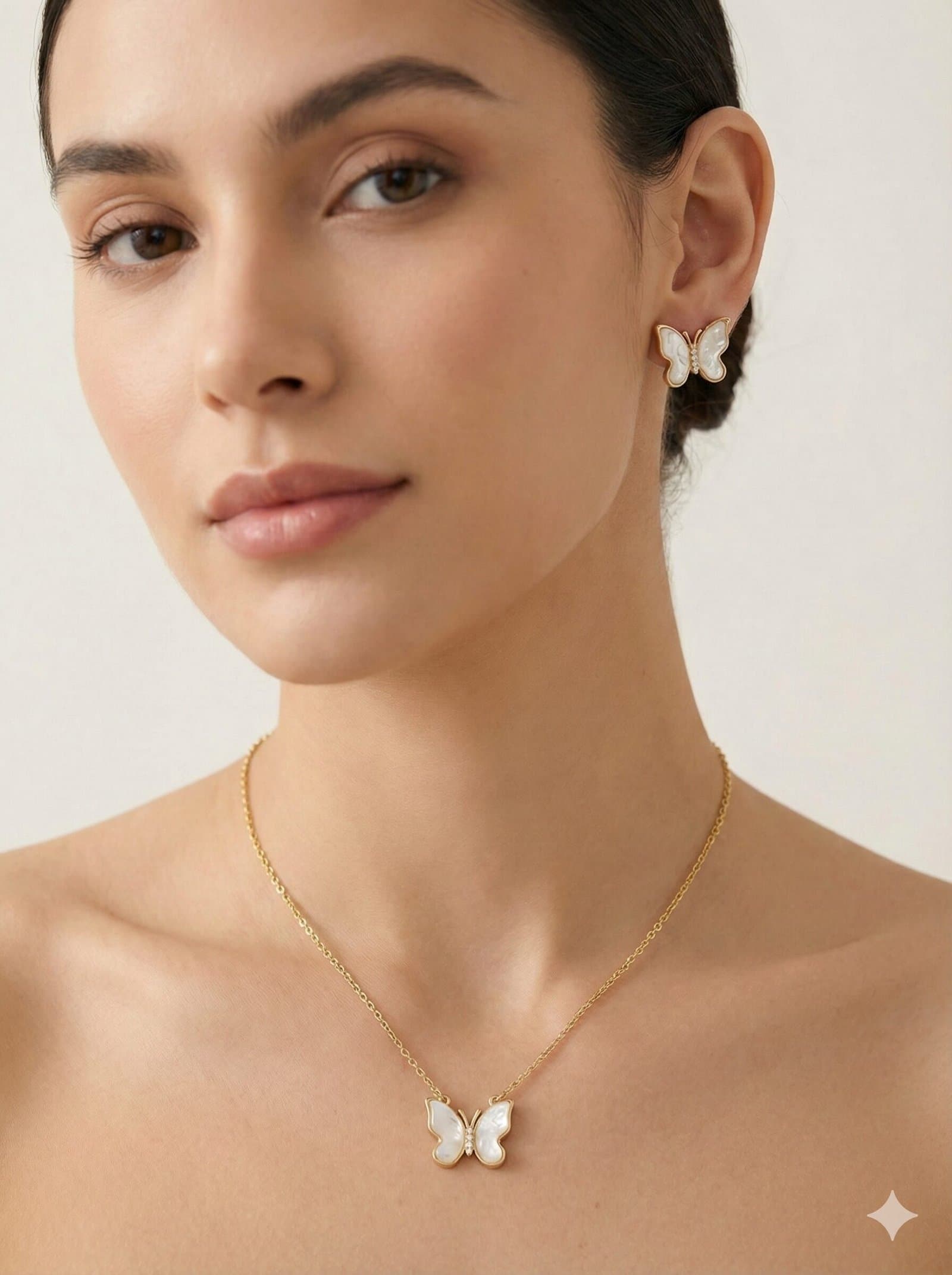 Gold-Tone Butterfly Jewelry Set with White Pearlescent Wings and Crystal Accents – Necklace and Earrings — image 3