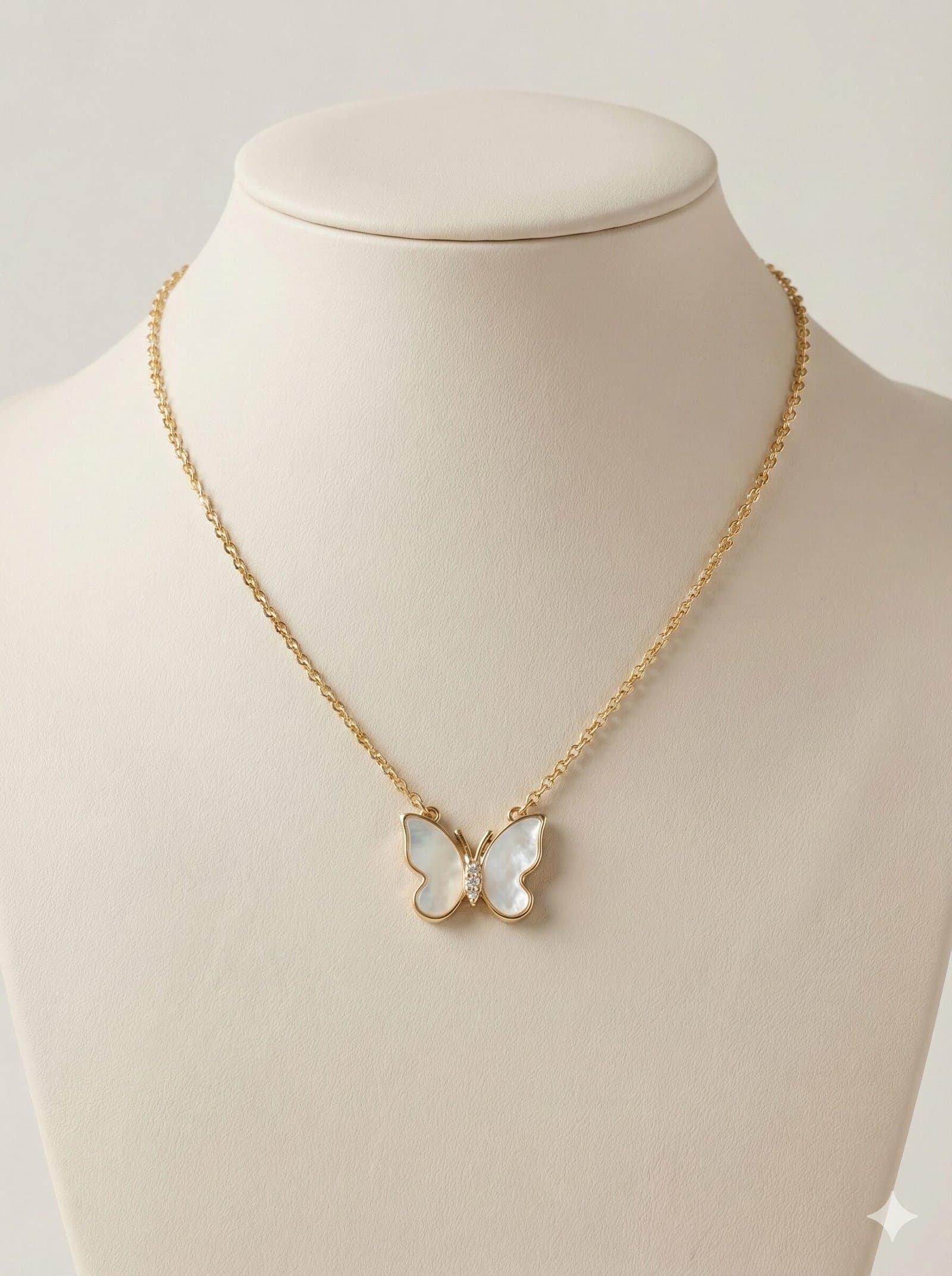 Gold-Tone Butterfly Jewelry Set with White Pearlescent Wings and Crystal Accents – Necklace and Earrings — image 2